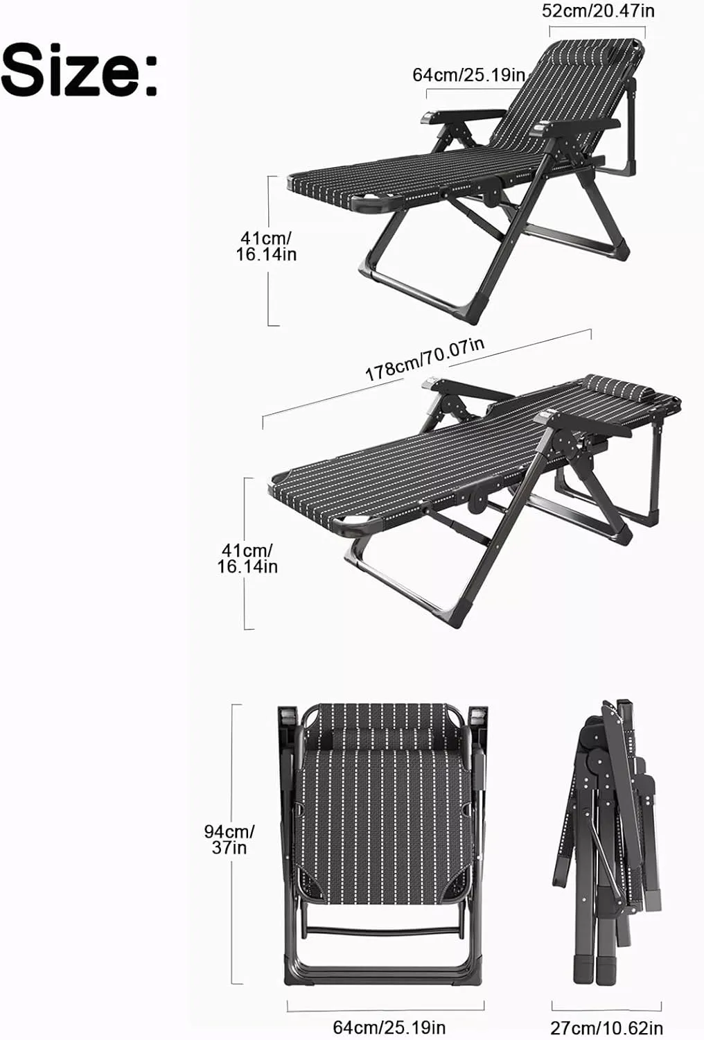 ZTGL D, Portable Folding Camping Cot, Adjustable Adults Reclining Lounge Chairs with Pillow, Outdoor Folding Lounge Chair Perfect for Camping Pool Beach Office Nap